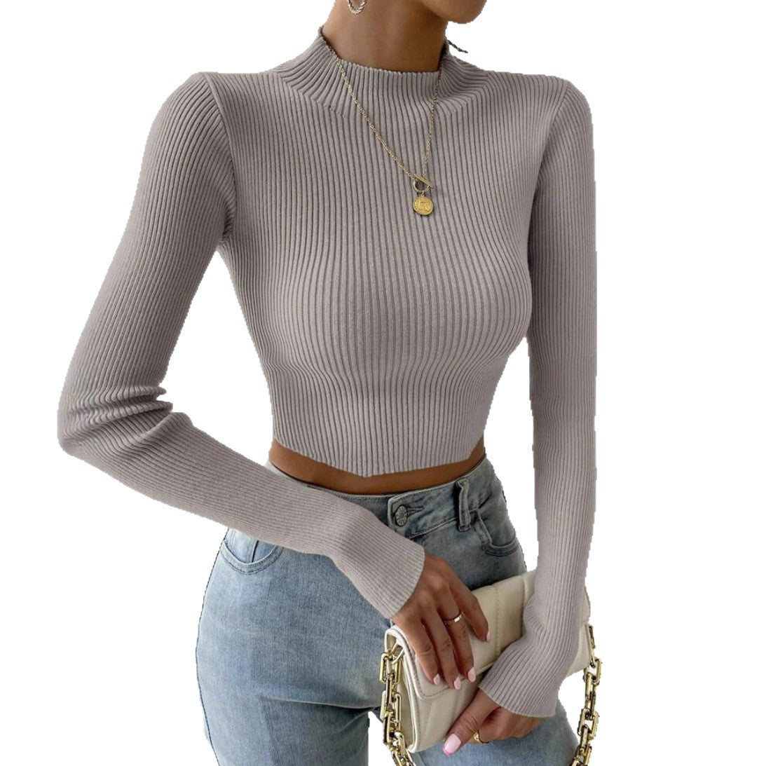 Pull en fine maille pour femmes avec col montant à la mode et design sans vagues Chic und Stil