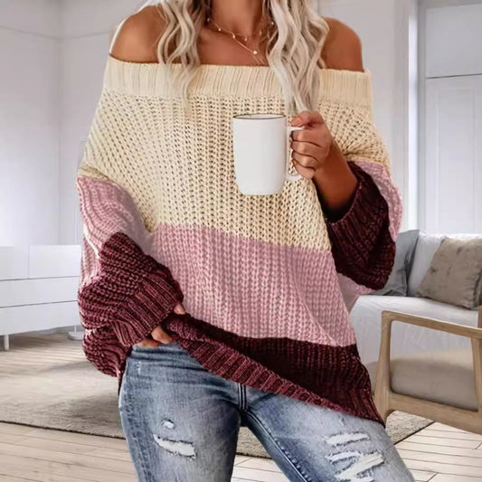 Dames Pull en tricot oversize décontracté avec décolleté dénudé et design de blocs de couleur tendance Chic und Stil