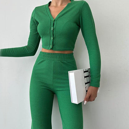 Casual women's set in ribbed fabric with crop top and wide pants Chic and Style