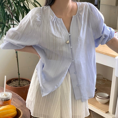 Dames Coupe Détendue Manches Bouffantes Chemise Boutonnée Chic und Stil