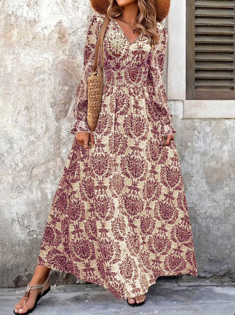 Robe maxi longue pour femmes avec motif Jacquard floral et manches volumineuses Chic und Stil