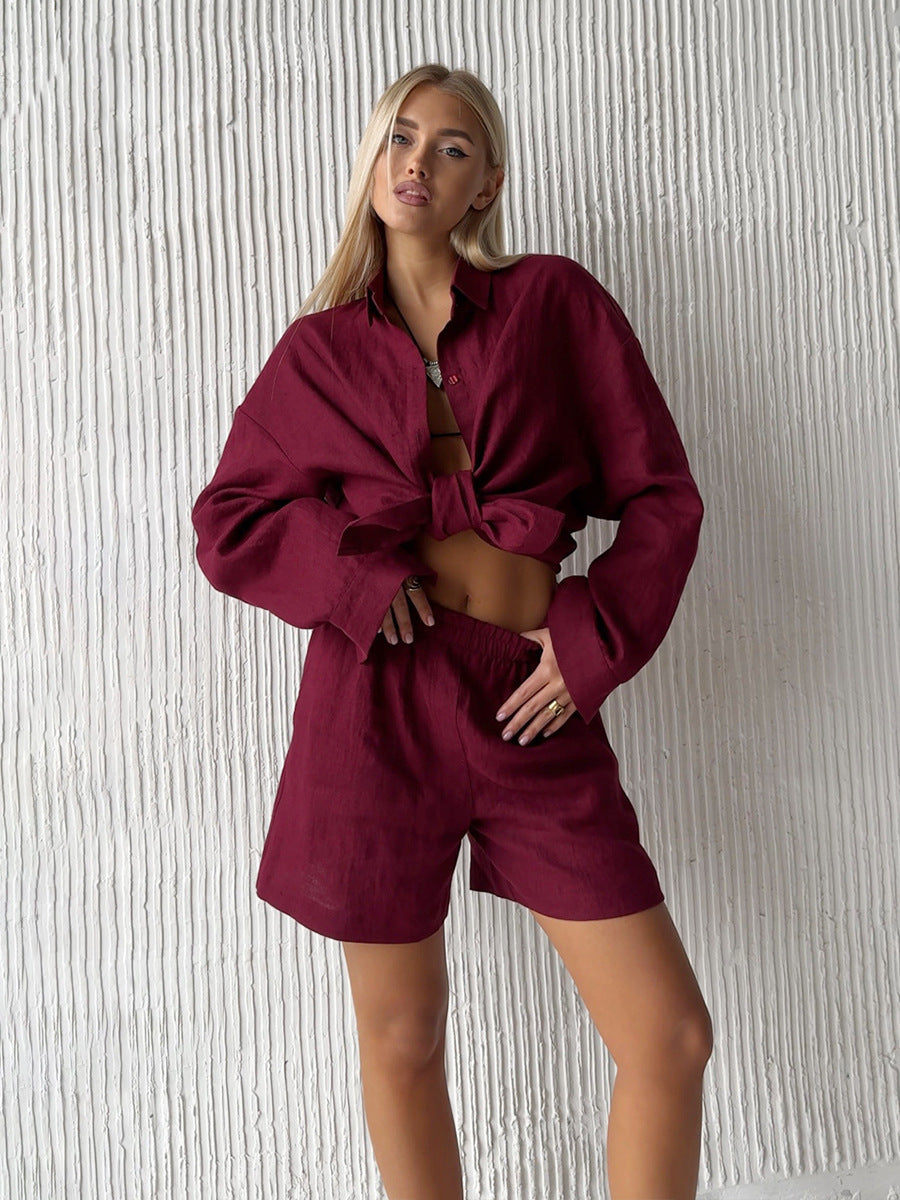 Ensemble blouse en lin décontracté et shorts Chic und Stil pour femmes
