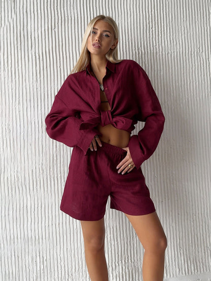 Ensemble blouse en lin décontracté et shorts Chic und Stil pour femmes