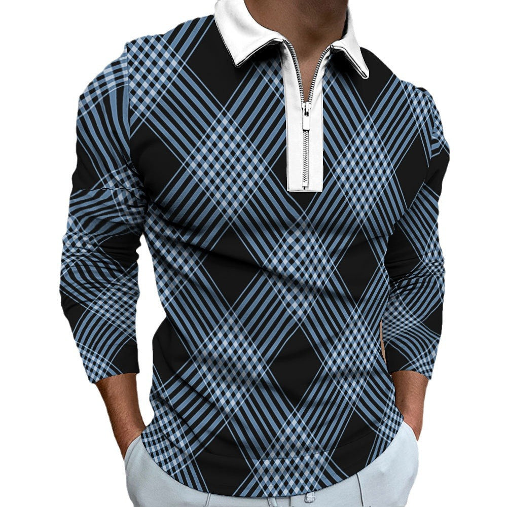 Chemise polo à manches longues pour hommes avec un motif à carreaux tendance et une élégante fermeture éclair Chic und Stil