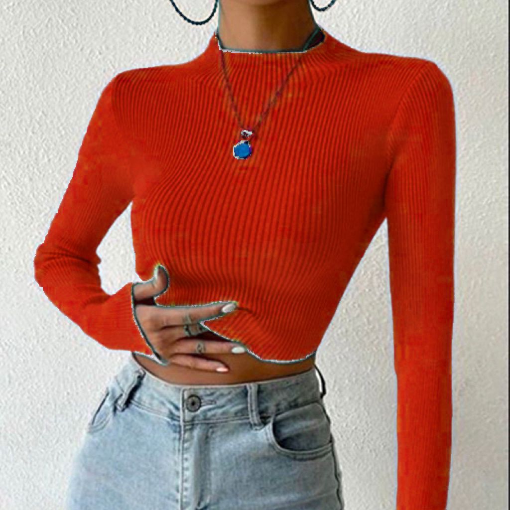 Pull en fine maille pour femmes avec col montant à la mode et design sans vagues Chic und Stil