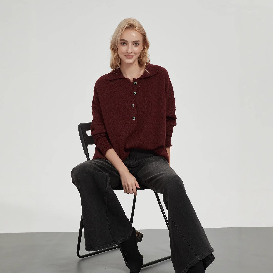 Dames oversized tricot pull avec col élégant et détails de boutons Chic und Stil