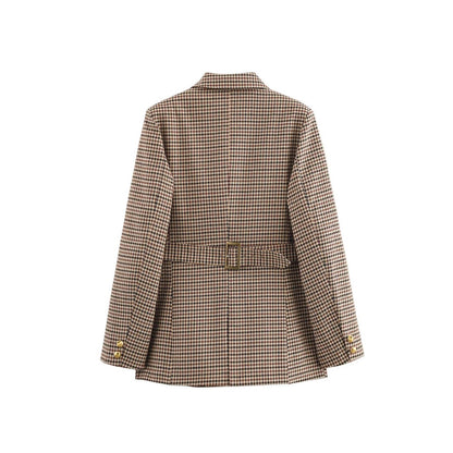 Elegant checked blazer jacket for women with gold buttons Chic and Style
