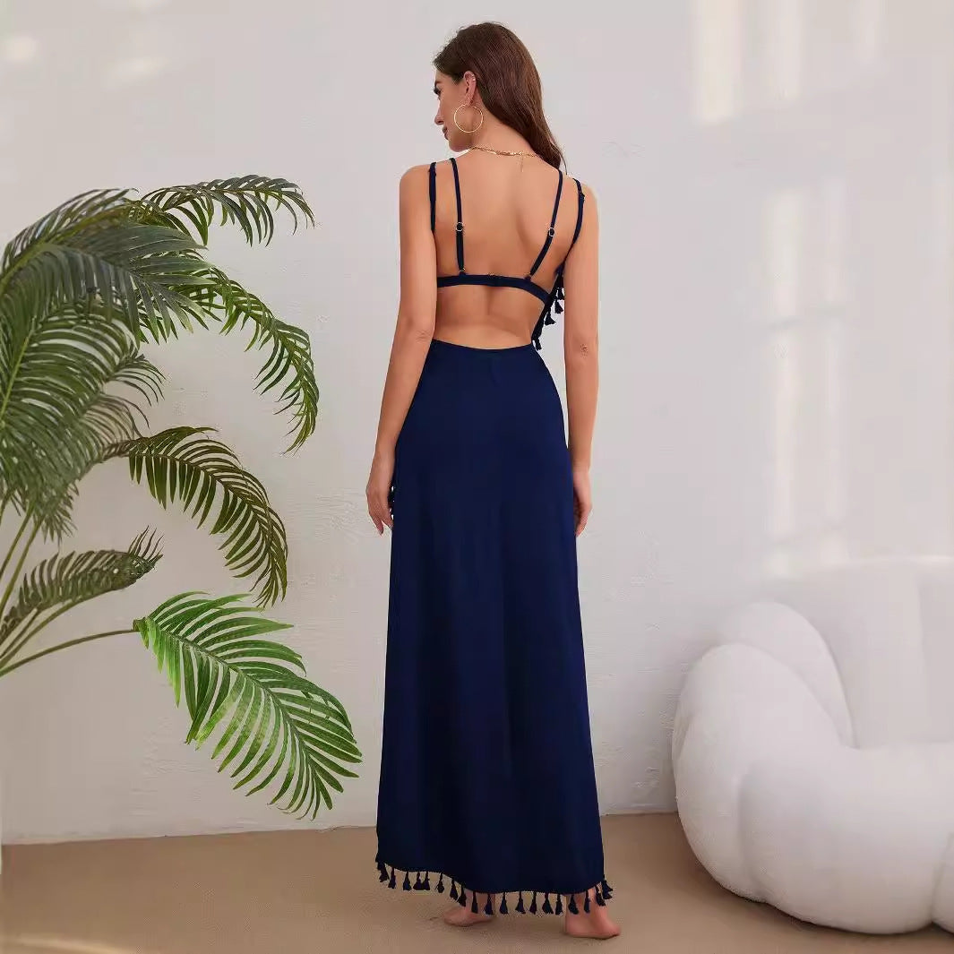 Dames Robe Maxi Élégante avec des Franges Ludiques et une Fente Haute Chic und Stil
