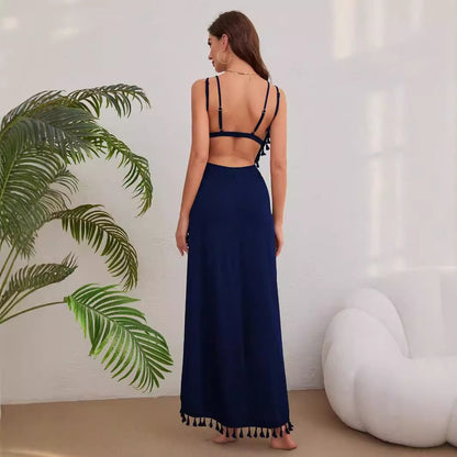 Dames Robe Maxi Élégante avec des Franges Ludiques et une Fente Haute Chic und Stil