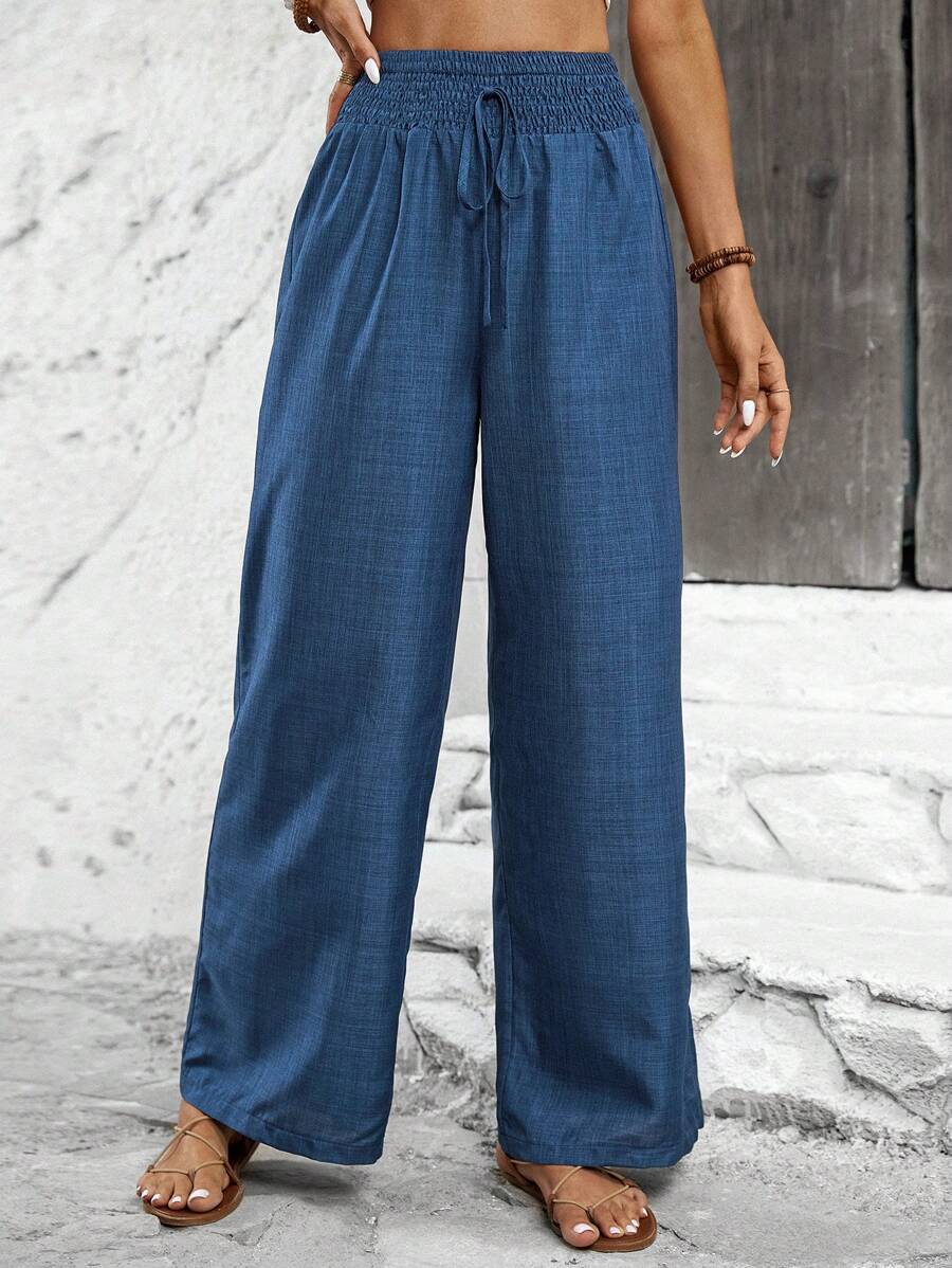 Wide linen pants for women with elastic waistband and side tie belt Chic and Style