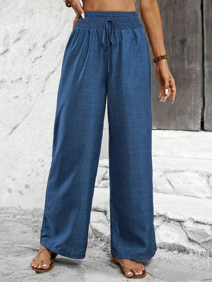 Wide linen pants for women with elastic waistband and side tie belt Chic and Style