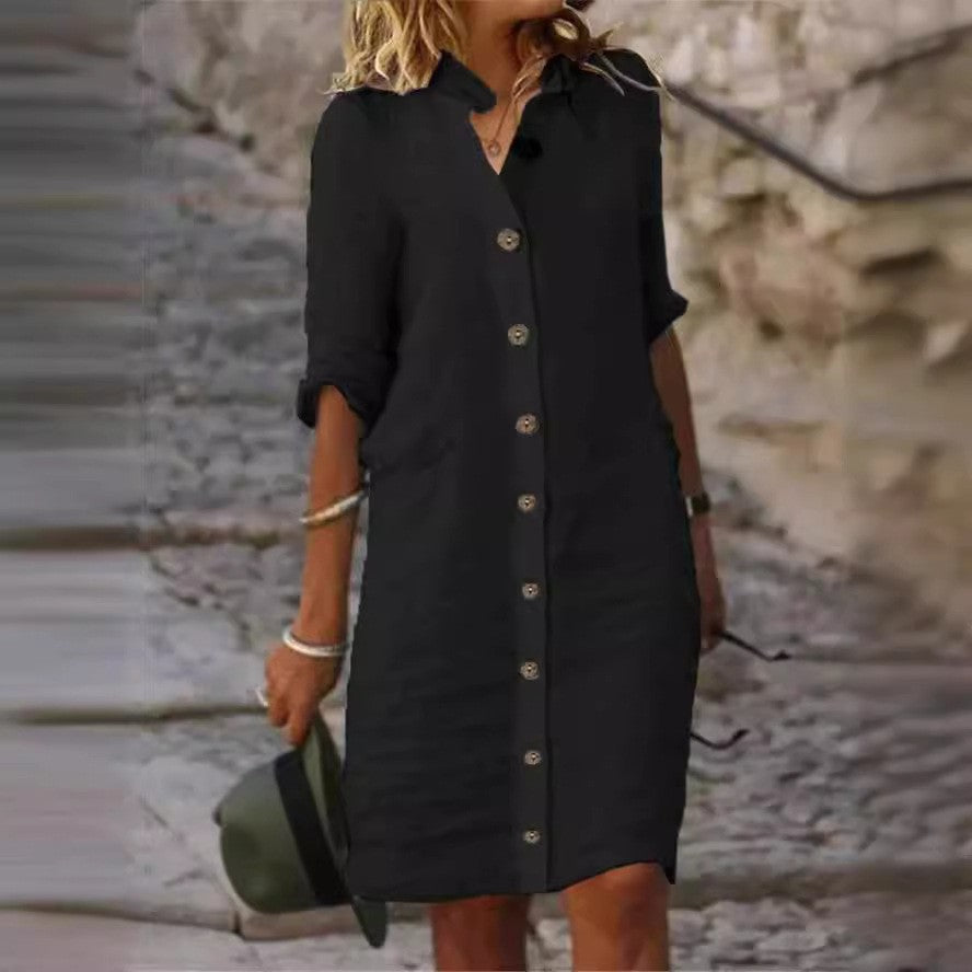 Robe chemise en lin pour femmes avec patte de boutonnage et manches retournables Chic und Stil