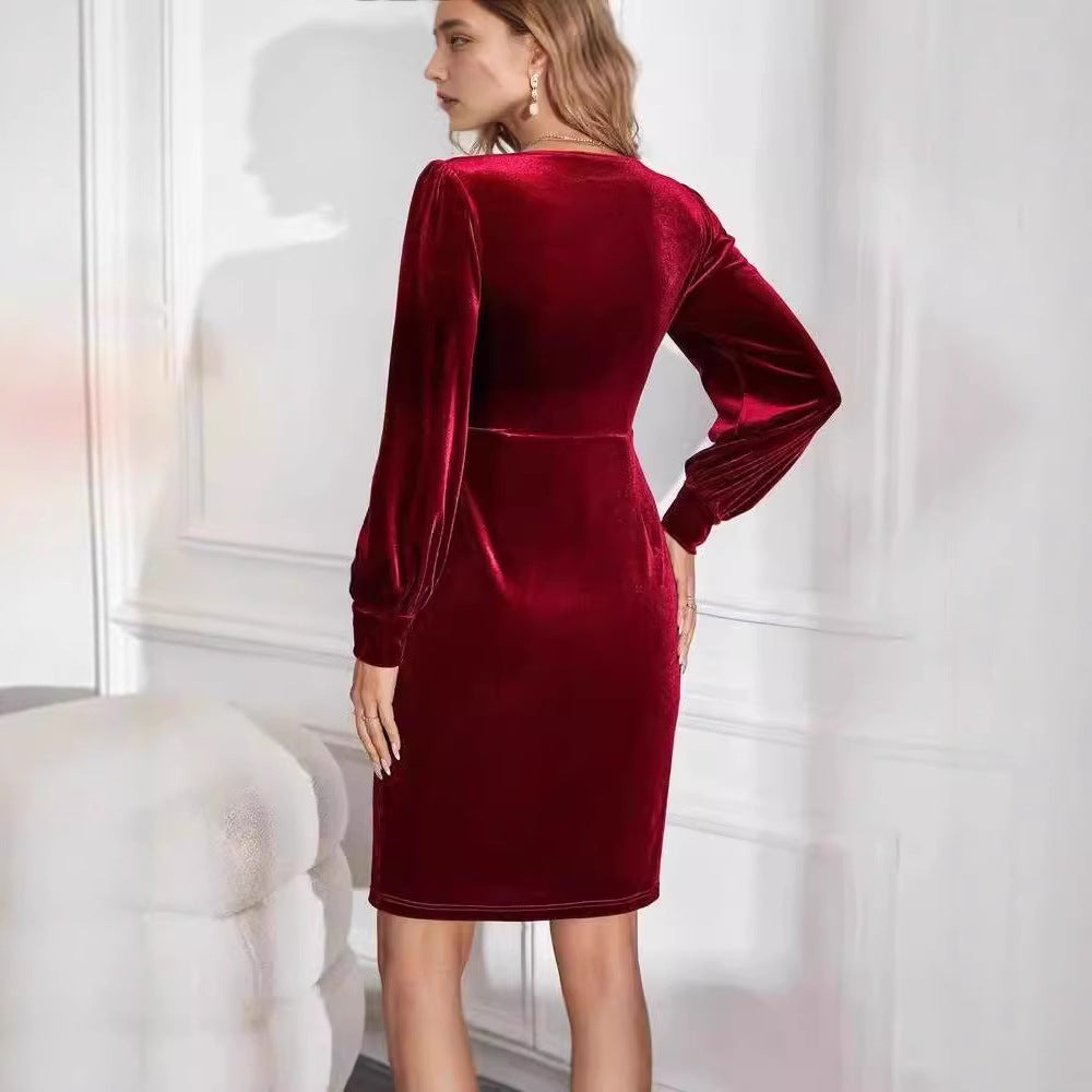 Robe en velours pour femme avec décolleté en V élégant et manches bouffantes Chic und Stil