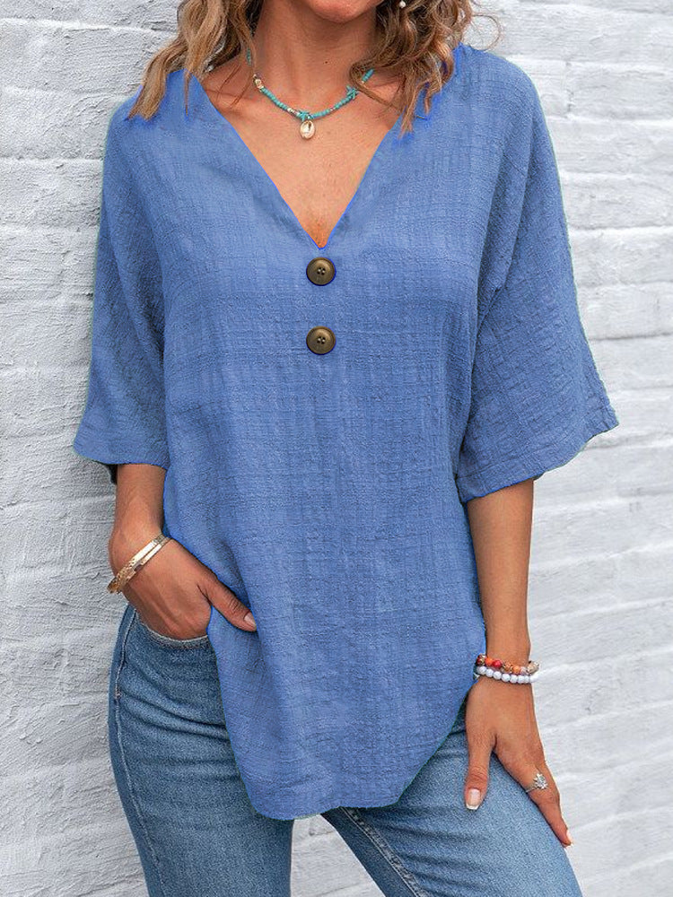 Blouse dames à col en V avec boutons décoratifs et coupe décontractée Chic und Stil