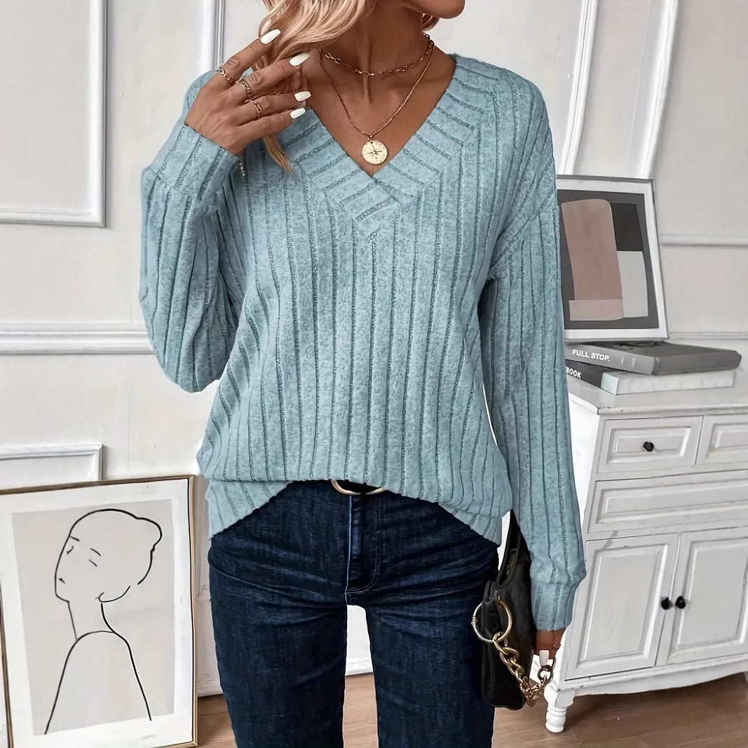 Dames Pull et tricot élégant à encolure en V avec design côtelé Chic und Stil