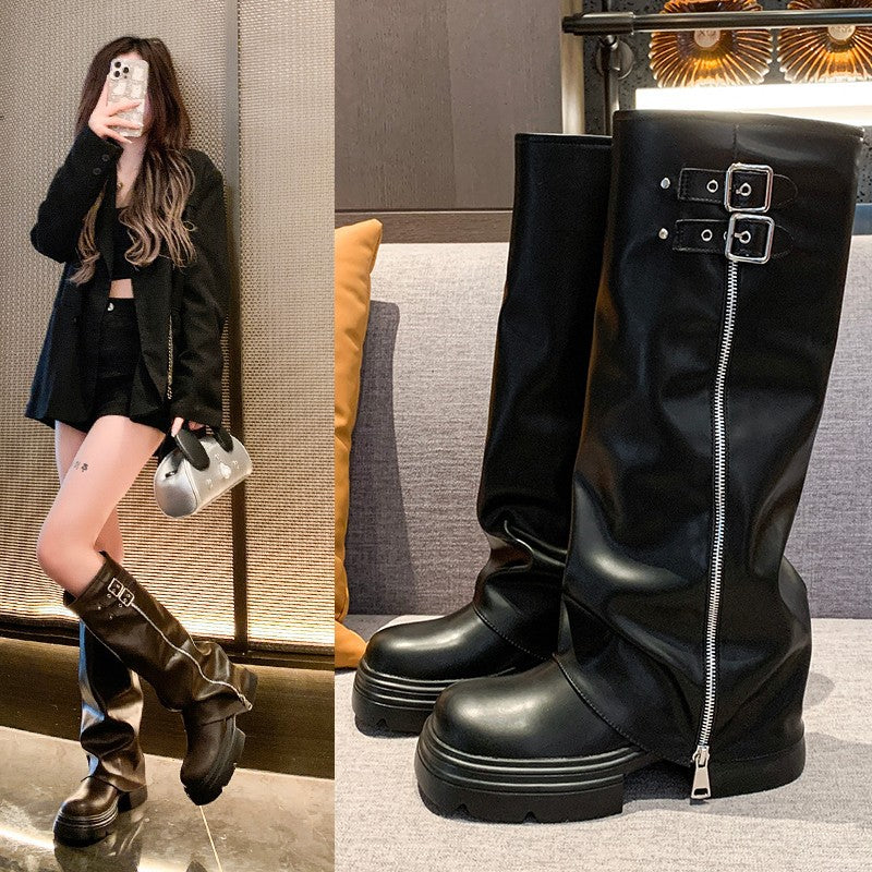 Bottes femmes over-knee avec fermeture éclair à la mode et sangle réglable Chic und Stil