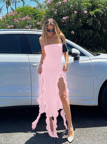 Femmes Élégante Robe Maxi Fendue avec Volants Chic und Stil