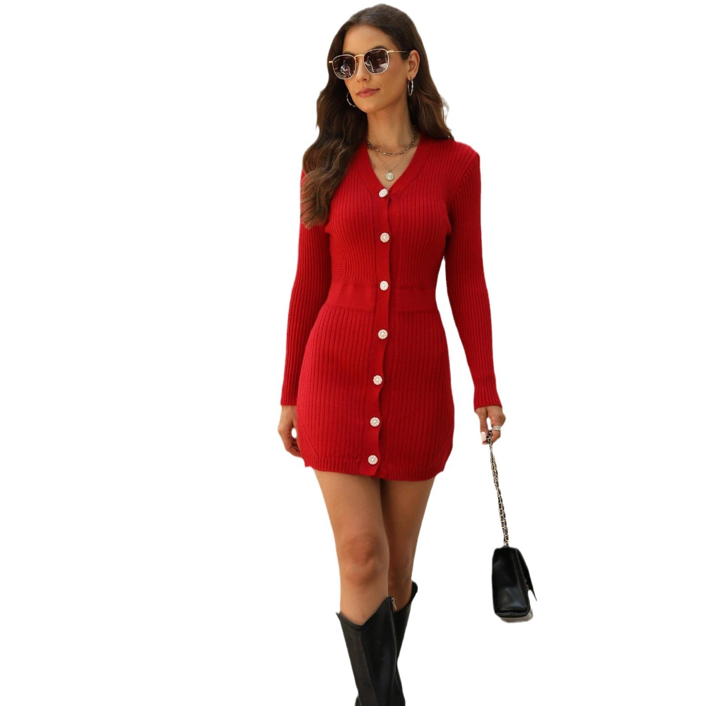 Robe en tricot pour femmes avec des détails de boutons élégants et une coupe cintrée Chic und Stil