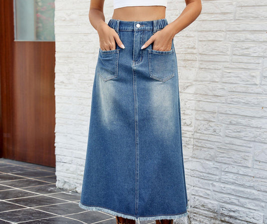 Jupe maxi en denim pour femmes avec taille élastique et poches pratiques Chic und Stil