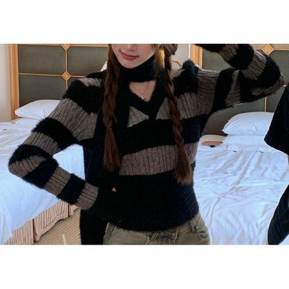 Femme doux pull V avec design rayé et écharpe assortie Chic und Stil
