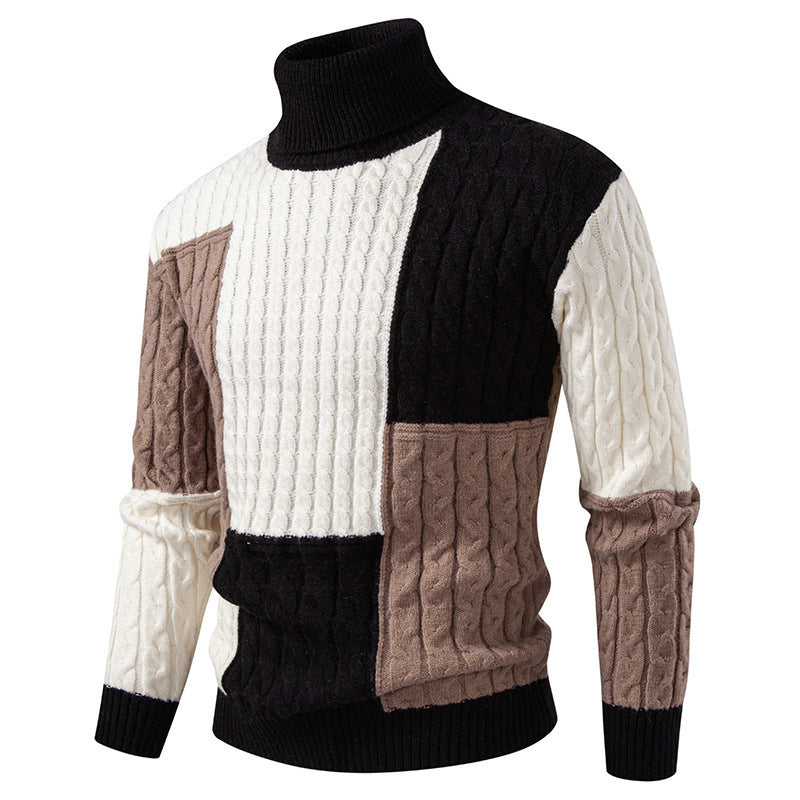 Pull homme hautement encoluré en tricot avec un motif de torsades moderne et des blocs de couleurs attrayants Chic und Stil