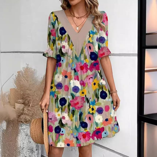 Robe de loisirs pour femmes avec décolleté en V profond et manches bouffantes à la mode Chic und Stil