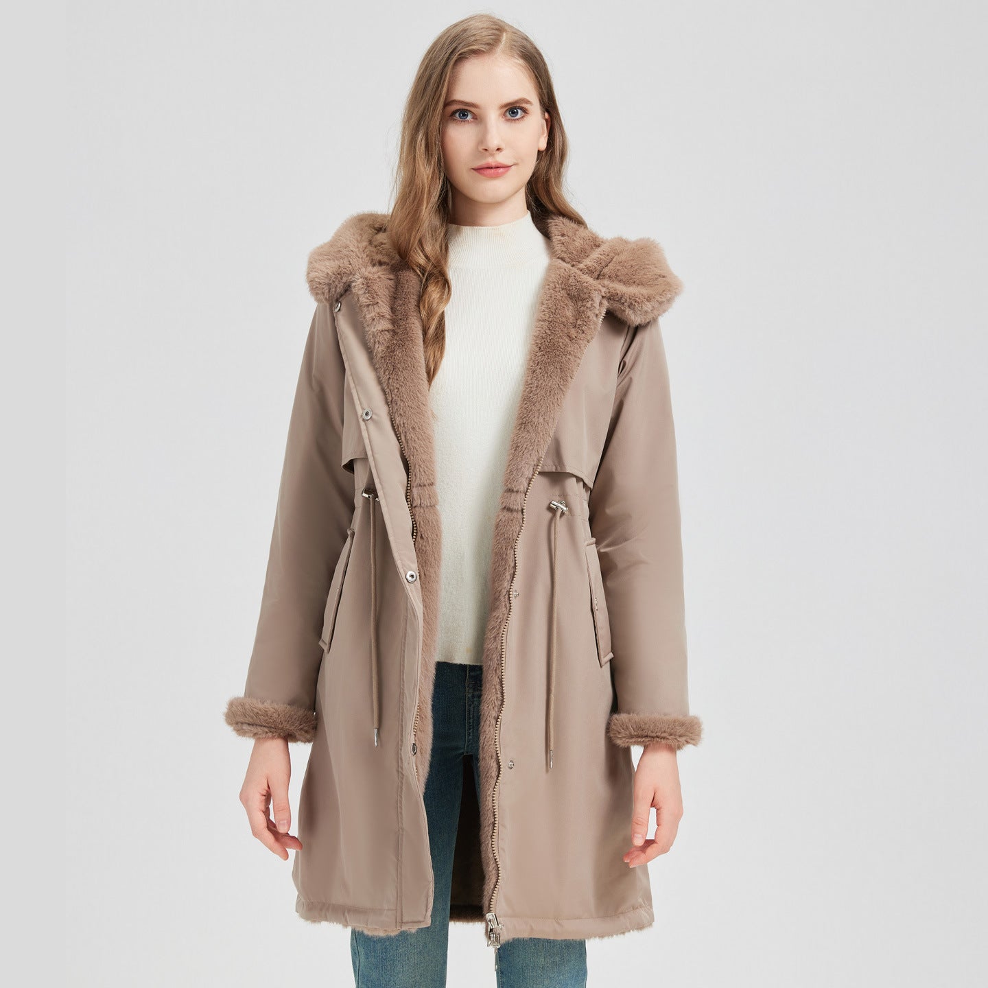 Dames élégant et chaud parka avec col en fausse fourrure amovible et détails de lacets pratiques Chic und Stil