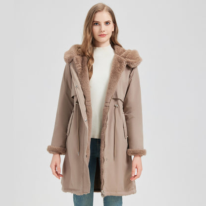Dames élégant et chaud parka avec col en fausse fourrure amovible et détails de lacets pratiques Chic und Stil