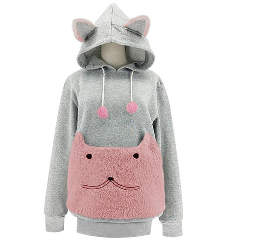 Dames Pull à capuche douillet avec motif de chat et poche kangourou pratique Chic und Stil