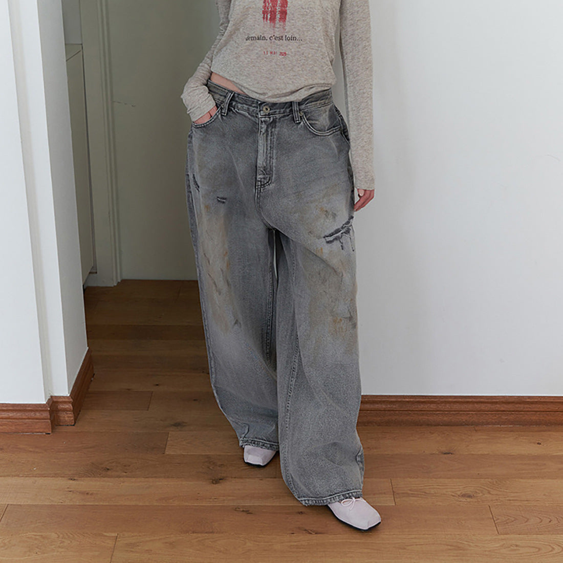 Dames Jeans à coupe large en look usé Chic und Stil