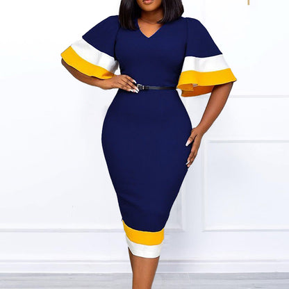 Dames Élégant Robe à Décolleté en V avec Manches Volantes Contrastées et Ceinture à la Taille Chic und Stil