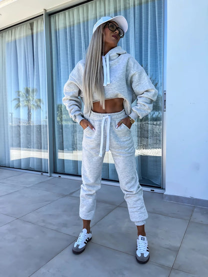 Dames confortable cropped hoodie avec taille élastique et ensemble de jogging décontracté Chic und Stil