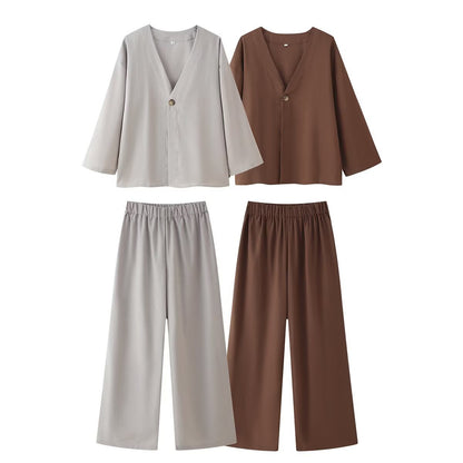 Damen Ensemble composé d'une blouse élégante à décolleté en V et de pantalons palazzo larges Chic und Stil