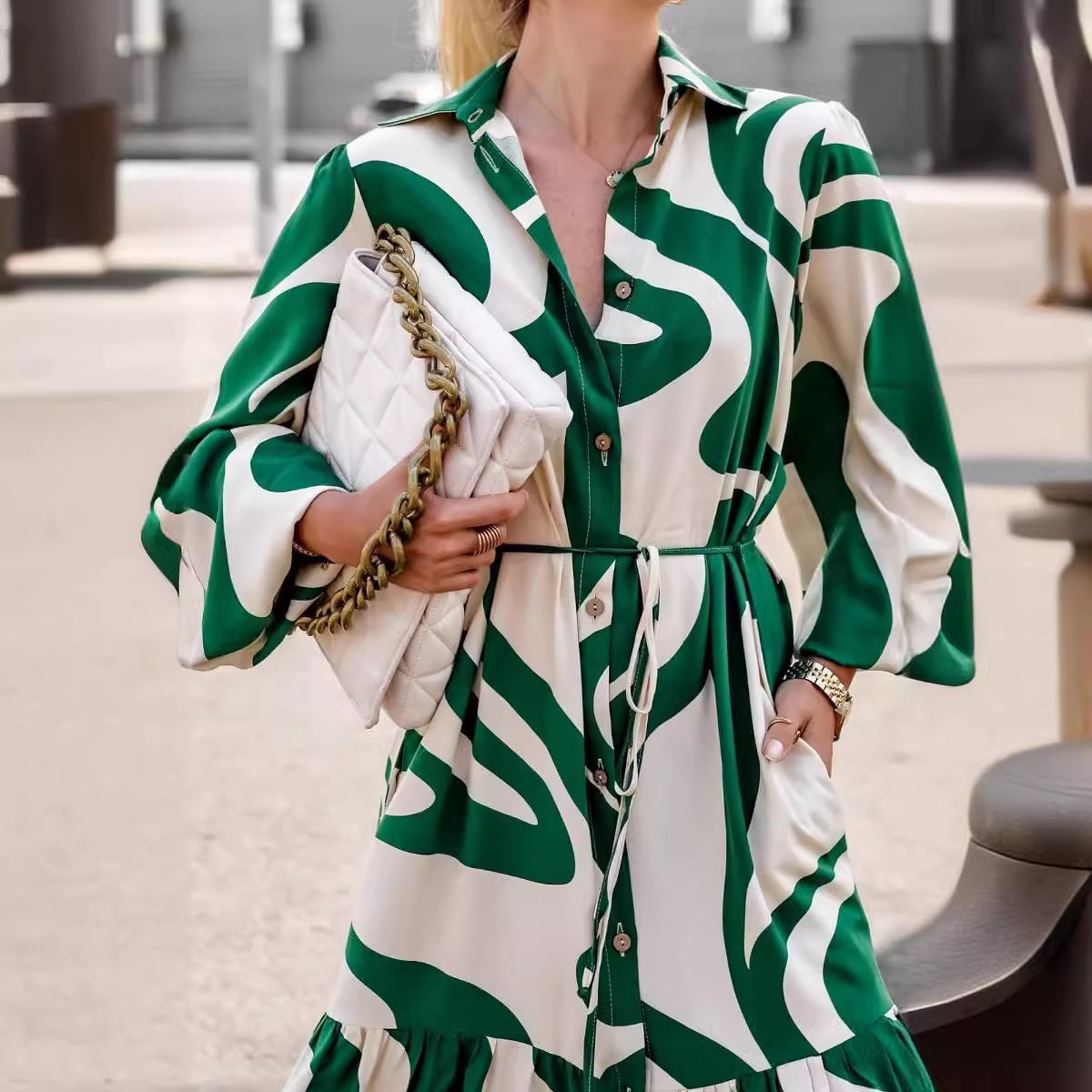 Dames Élégante Robe Maxi Chemise Chic und Stil