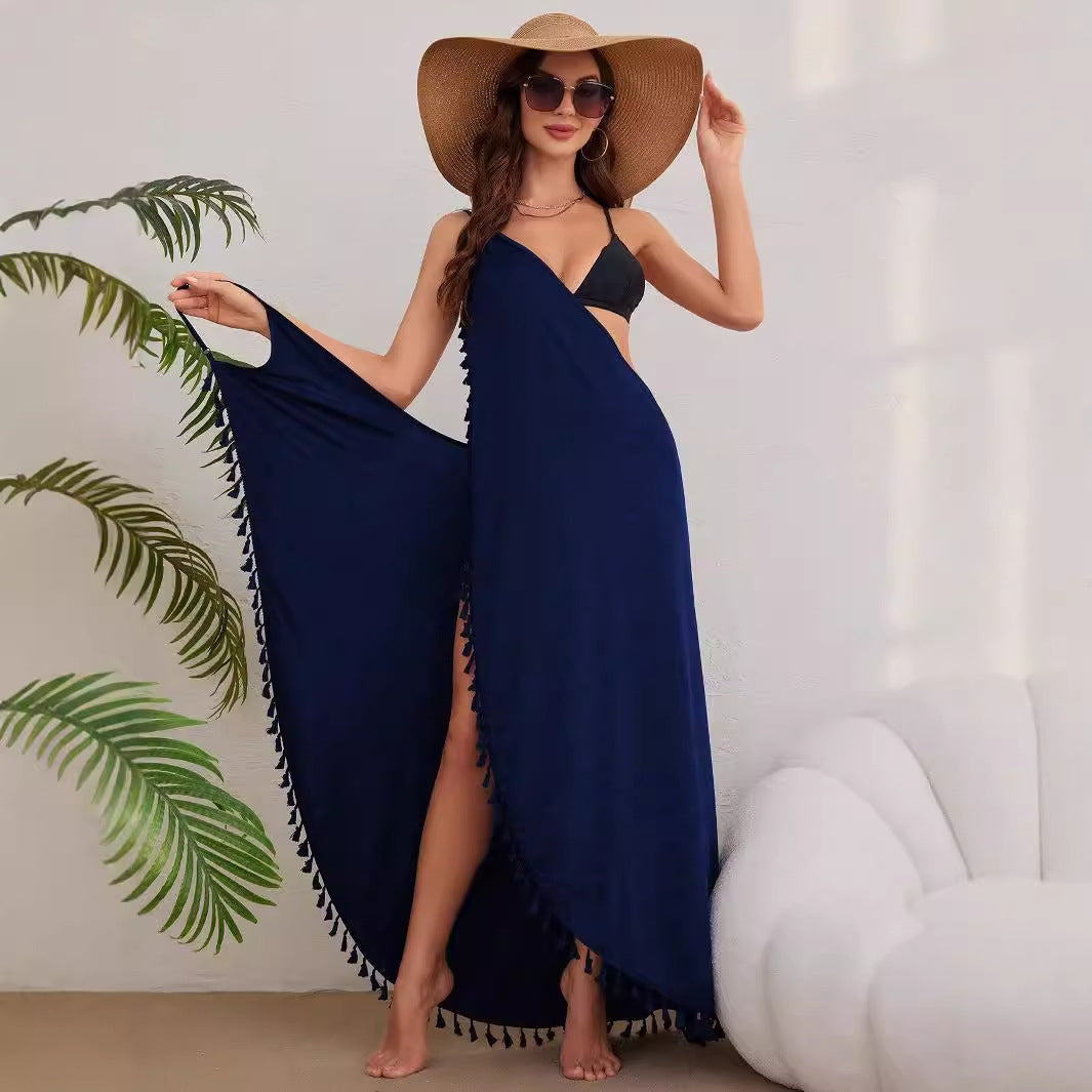 Dames Robe Maxi Élégante avec des Franges Ludiques et une Fente Haute Chic und Stil