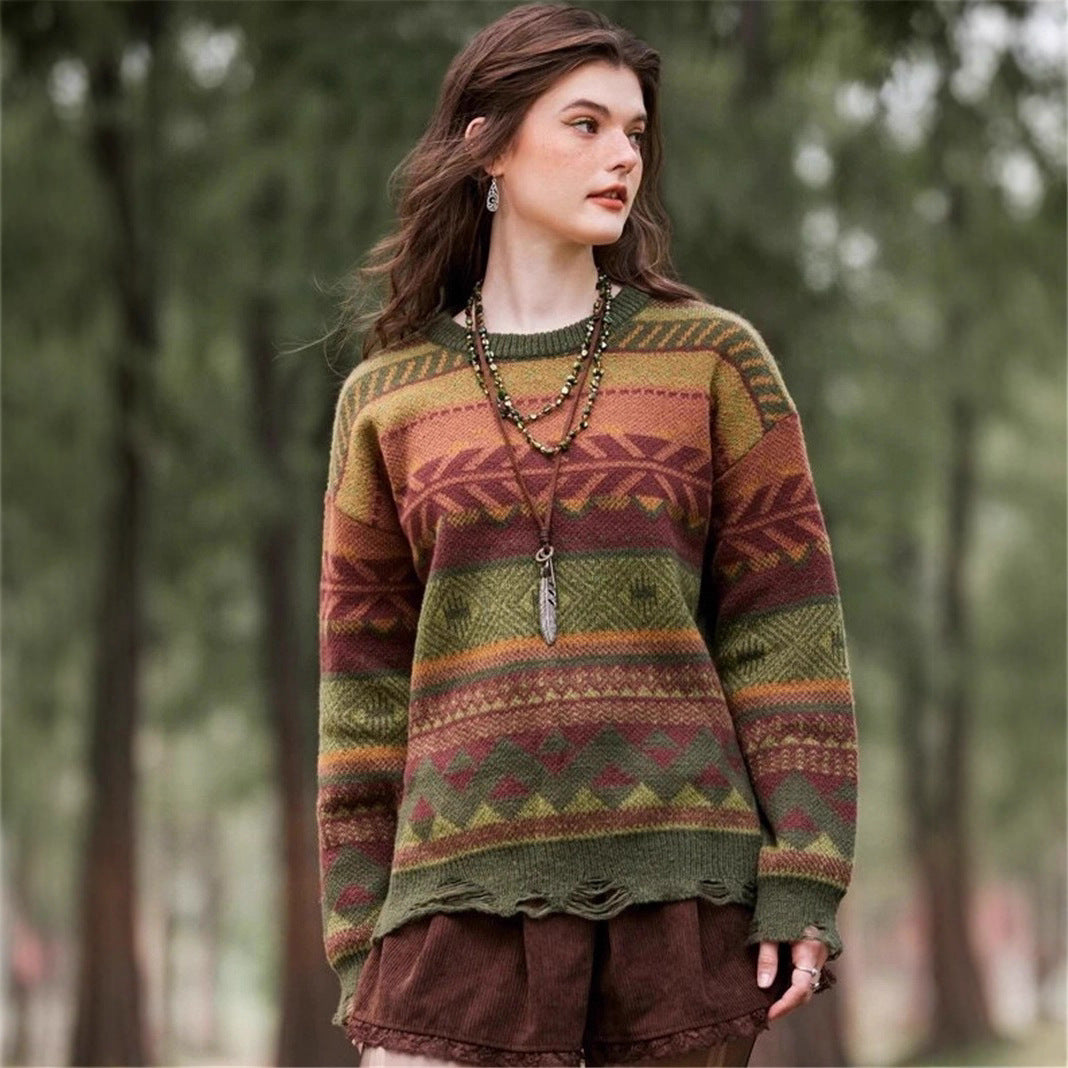 Pull à motifs pour femmes de style bohème avec ourlet frangé Chic und Stil