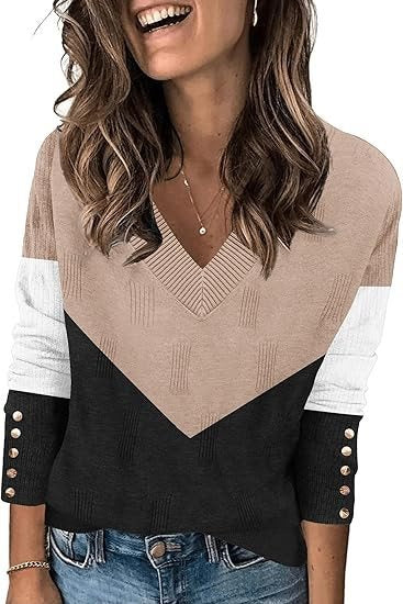 Pull à col en V tendance pour femmes avec bloc de couleur et détails de boutons Chic und Stil
