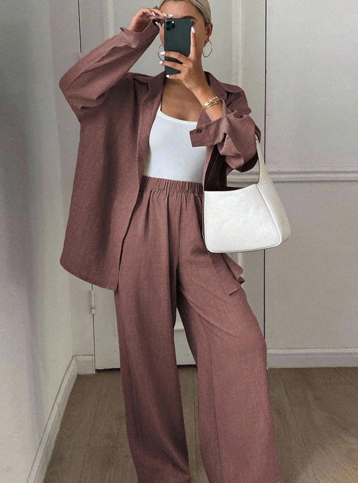 Dames élégant décontracté blouse en lin et large pantalon Chic und Stil
