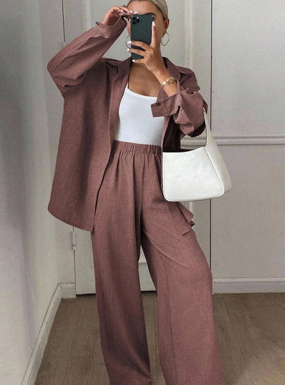 Dames élégant décontracté blouse en lin et large pantalon Chic und Stil
