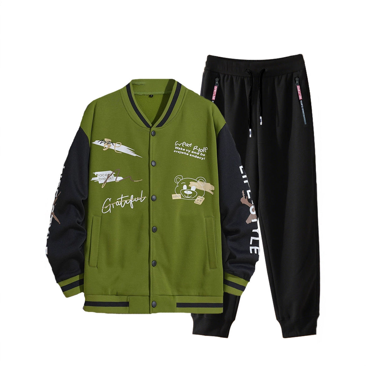 Men's College Style Sports Jacket Set and Jogging Pants with Colorful Patterns Chic and Style