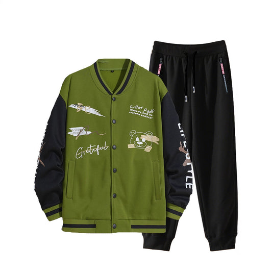 Men's College Style Sports Jacket Set and Jogging Pants with Colorful Patterns Chic and Style