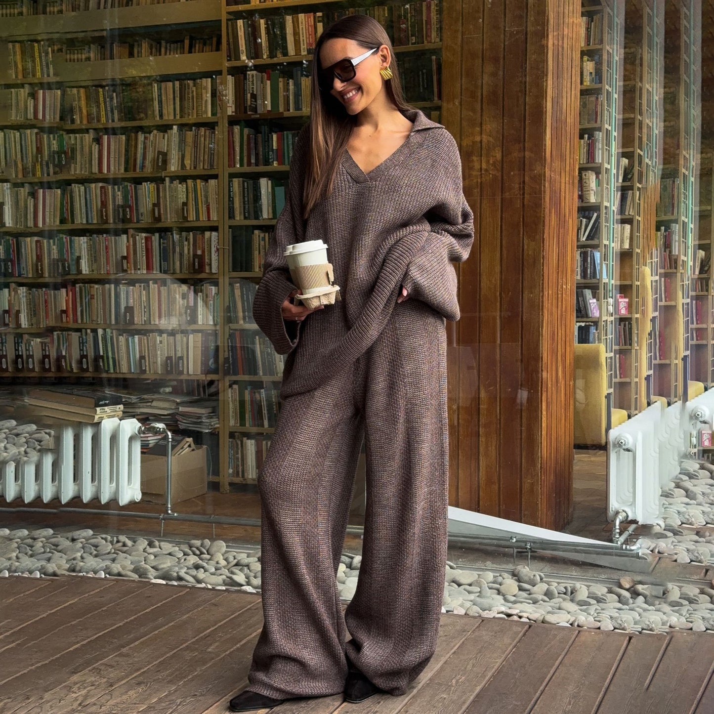 Women High-Quality Knit Set with Loose Top and Casual Palazzo Pants Chic and Style