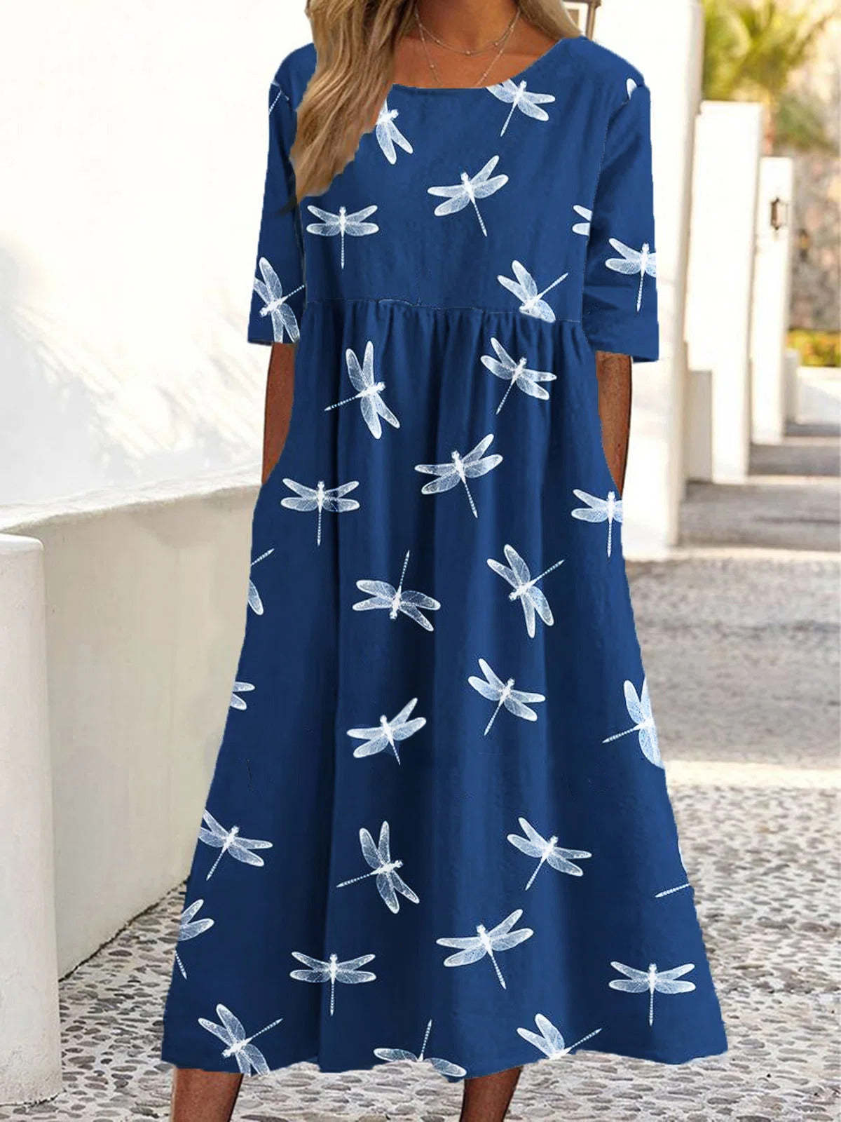 Dames Imprimé Libellule Midi Robe Chic und Stil