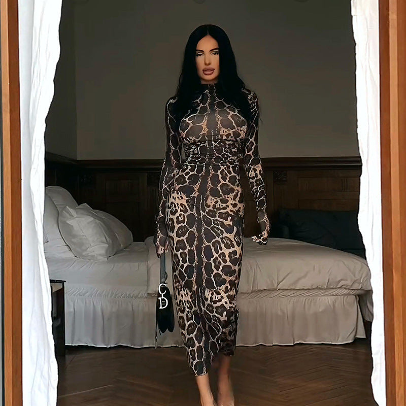 Robes maxi à manches longues pour femmes avec un motif léopard raffiné Chic und Stil