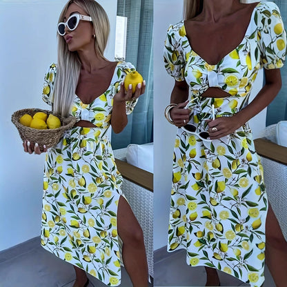 Robe maxi pour femmes avec imprimé fruité et fente latérale Chic und Stil