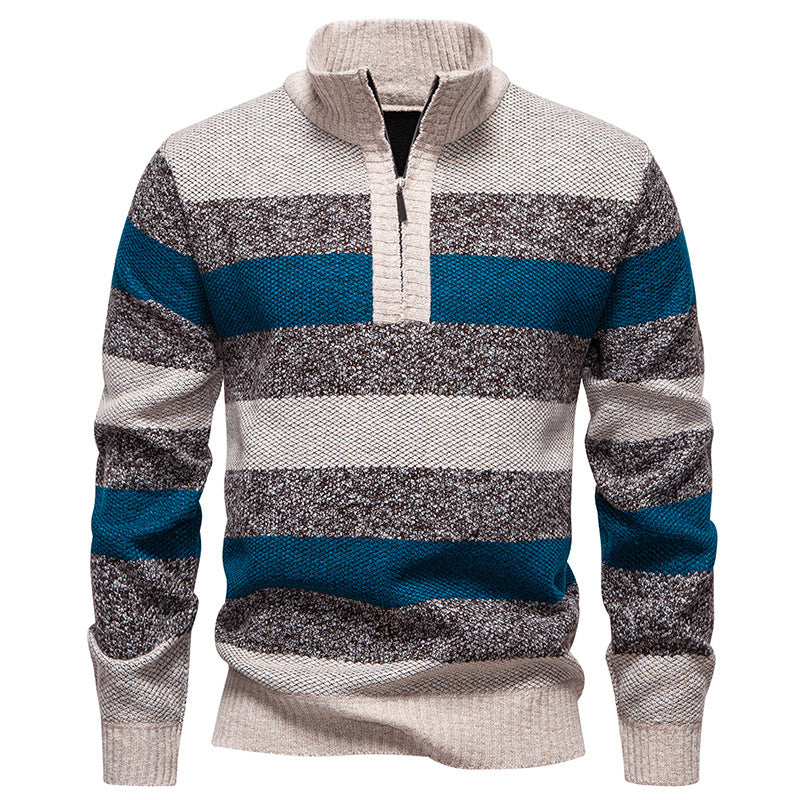 Fashionable knitted pullover for men with half-zip closure and striped pattern Chic und Stil