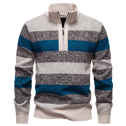 Fashionable knitted pullover for men with half-zip closure and striped pattern Chic und Stil