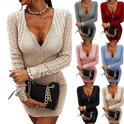 Robe en tricot pour femmes avec décolleté en V profond et détails modernes de zip Chic und Stil