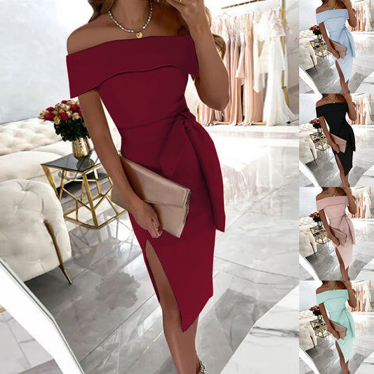 Women's Elegant Off-Shoulder Midi Dress with Side Slit Chic and Stylish