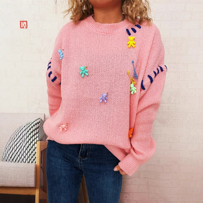 Pull femme avec motif de ours ludique et appliqués décoratifs Chic und Stil